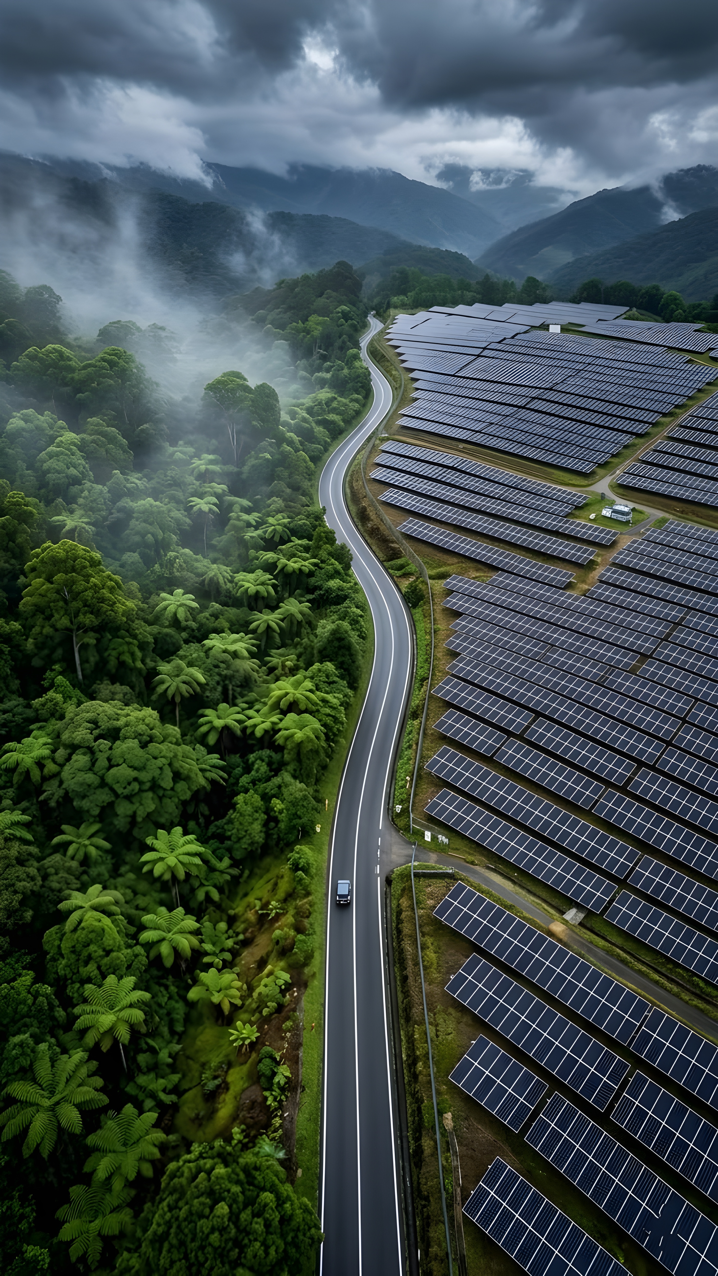 Aerial view of a solar farm in a misty mountain valley