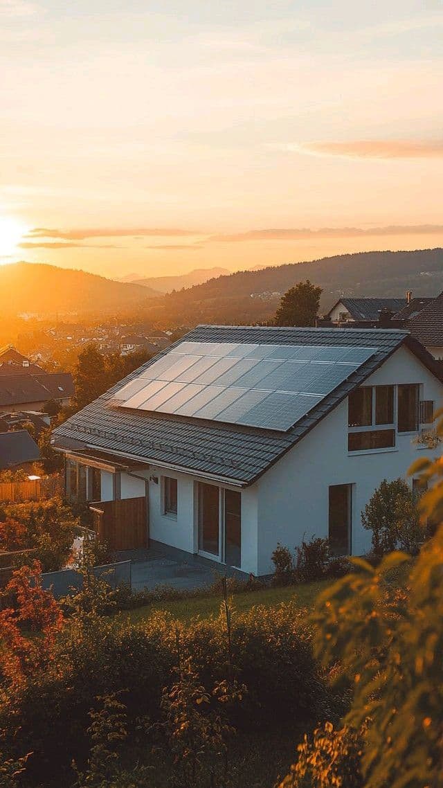 Solar panels glowing at sunset